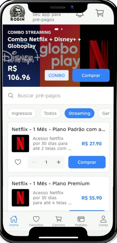 Tela do app RODIN mostrando o catálogo de pré-pagos de streaming